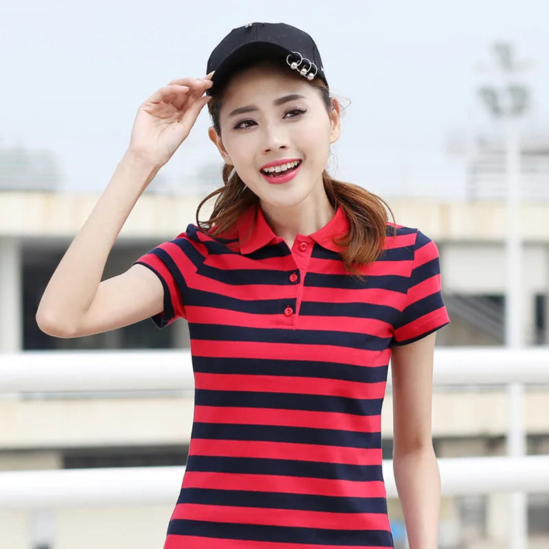 Ruoru cotton striped summer casual brand polo women spring short sleeve polo shirt women slimming polo femme shirts