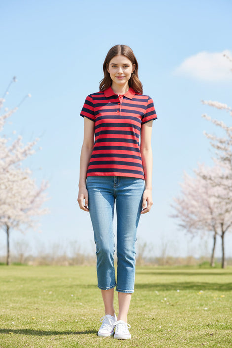 A woman wearing a red and navy blue horizontally striped short-sleeve polo shirt, a black baseball cap, and smiling against an outdoor background.