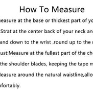 Measurement guide for clothing with labeled parts and text instructions.