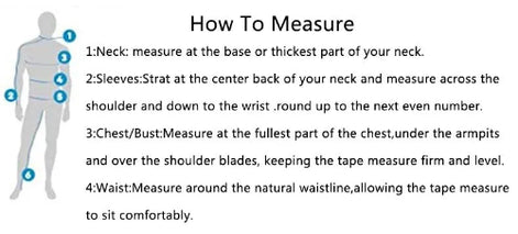 Measurement guide for clothing with labeled parts and text instructions.
