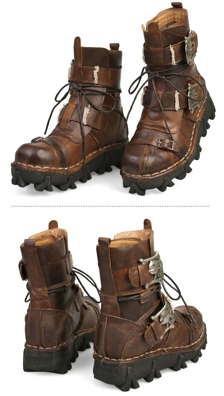 Men's Cowhide Genuine Leather Motorcycle Boots Combat Boots Gothic Skull Punk Desert Ankle Boots Botas50 Handmade
