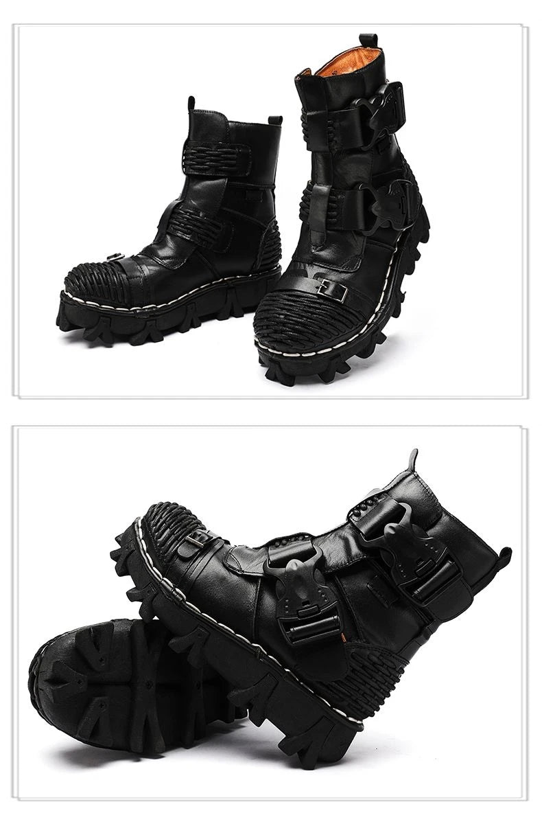 Men's Cowhide Genuine Leather Motorcycle Boots Combat Boots Gothic Skull Punk Desert Ankle Boots Botas50 Handmade