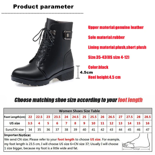 Black leather boot with product parameters and size chart on a white background