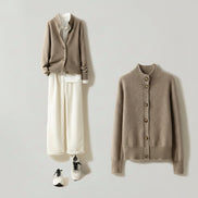 A Japanese magazine-style outfit collage showing a taupe knit cardigan sweater as the featured product, display