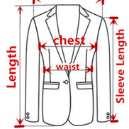 Diagram of a suit jacket with labeled measurements including shoulder, chest, waist, length, and sleeve length.