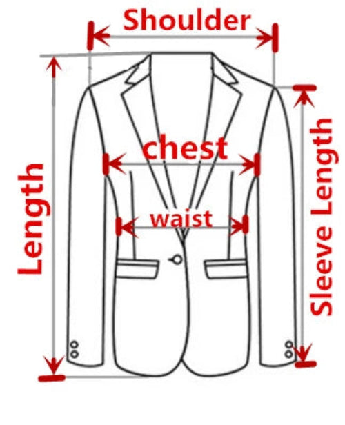 Diagram of a suit jacket with labeled measurements including shoulder, chest, waist, length, and sleeve length.
