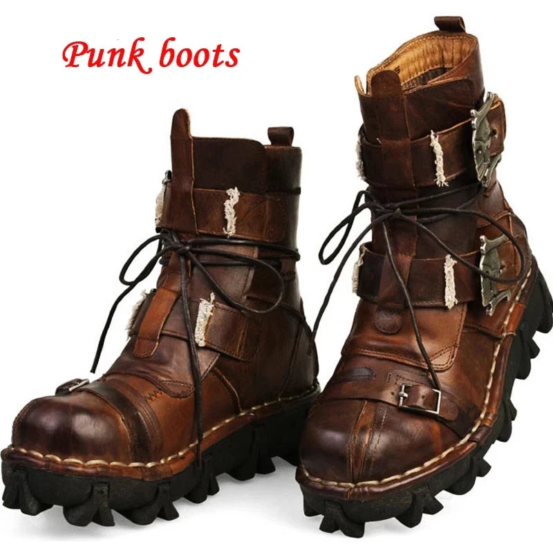 Men's Cowhide Genuine Leather Motorcycle Boots Combat Boots Gothic Skull Punk Desert Ankle Boots Botas50 Handmade