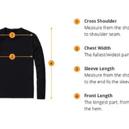 Black long-sleeve shirt with measurement guide on a white background