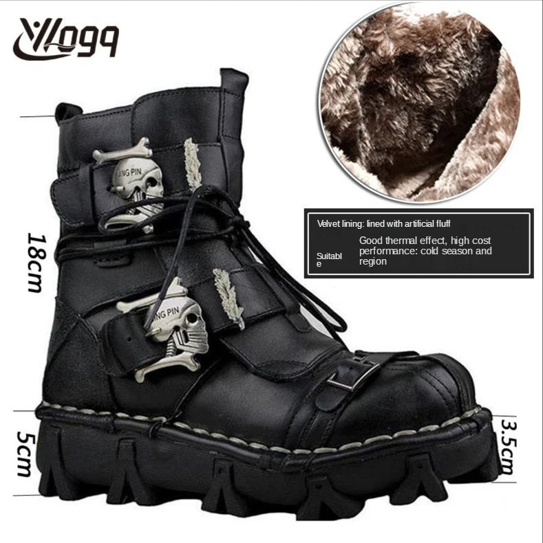 Men's Cowhide Genuine Leather Motorcycle Boots Combat Boots Gothic Skull Punk Desert Ankle Boots Botas50 Handmade
