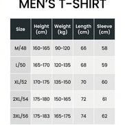 Size chart for men's long sleeve polo shirt showing sizes M–3XL, suggested height and weight, shirt length, and sleeve length