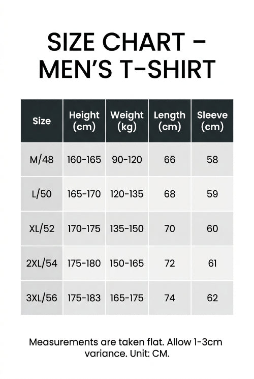 Size chart for men's long sleeve polo shirt showing sizes M–3XL, suggested height and weight, shirt length, and sleeve length