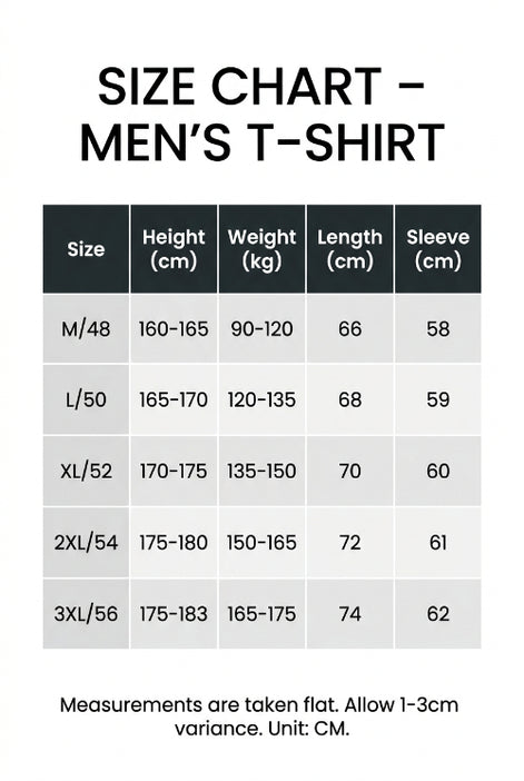 Size chart for men's long sleeve polo shirt showing sizes M–3XL, suggested height and weight, shirt length, and sleeve length