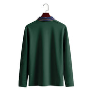 Back view of men's dark green long sleeve polo shirt with a contrasting navy collar and fine collar stripes on a wooden hanger