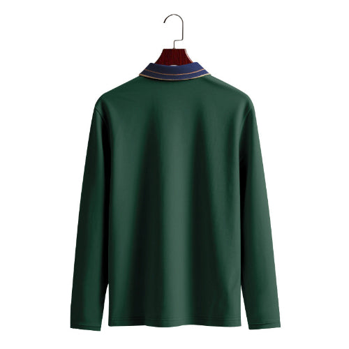 Back view of men's dark green long sleeve polo shirt with a contrasting navy collar and fine collar stripes on a wooden hanger