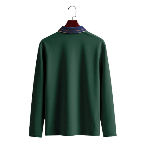 Back view of men's dark green long sleeve polo shirt with a contrasting navy collar and fine collar stripes on a wooden hanger