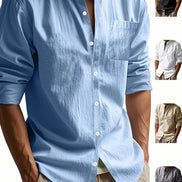 Men's light blue linen blend stand collar shirt with rolled sleeves, button front, and chest pocket, shown alongside black, white, khaki, and gray options