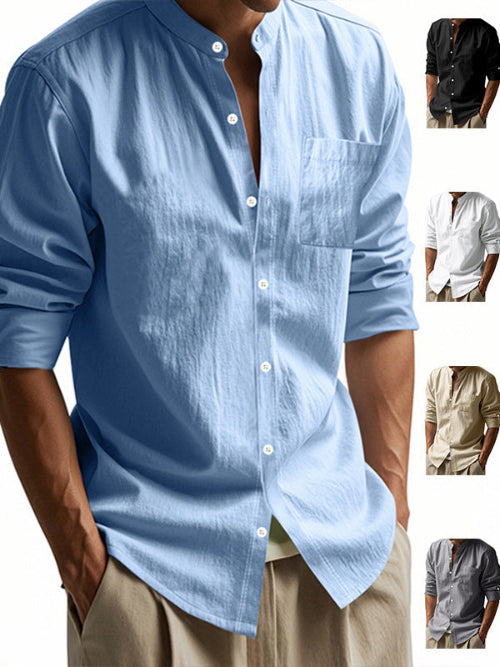 Men's light blue linen blend stand collar shirt with rolled sleeves, button front, and chest pocket, shown alongside black, white, khaki, and gray options