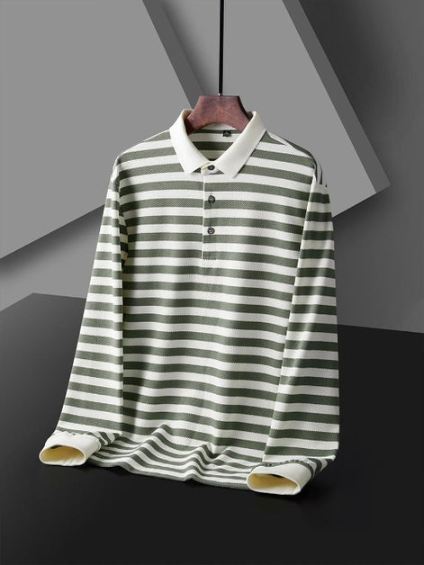 Men's green and white striped long sleeve polo shirt shown from the front with a white collar and three-button placket on a wooden hanger