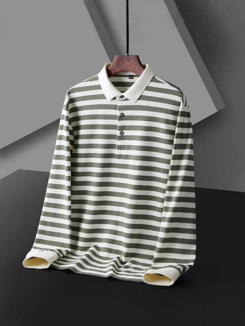 Men's green and white striped long sleeve polo shirt with a white collar and three-button placket on a wooden hanger