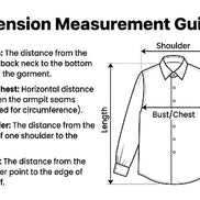 Shirt measurement guide showing how to measure garment length, chest, shoulder width, and sleeve length