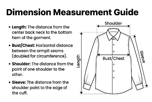 Shirt measurement guide showing how to measure garment length, chest, shoulder width, and sleeve length