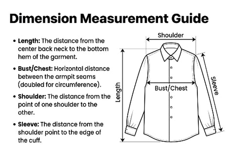 Shirt measurement guide showing how to measure garment length, chest, shoulder width, and sleeve length