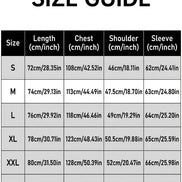Size guide for men's linen blend shirt showing sizes S–3XL with length, chest, shoulder, and sleeve measurements in centimeters and inches