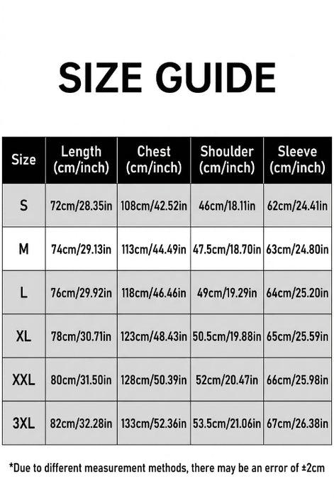 Size guide for men's linen blend shirt showing sizes S–3XL with length, chest, shoulder, and sleeve measurements in centimeters and inches