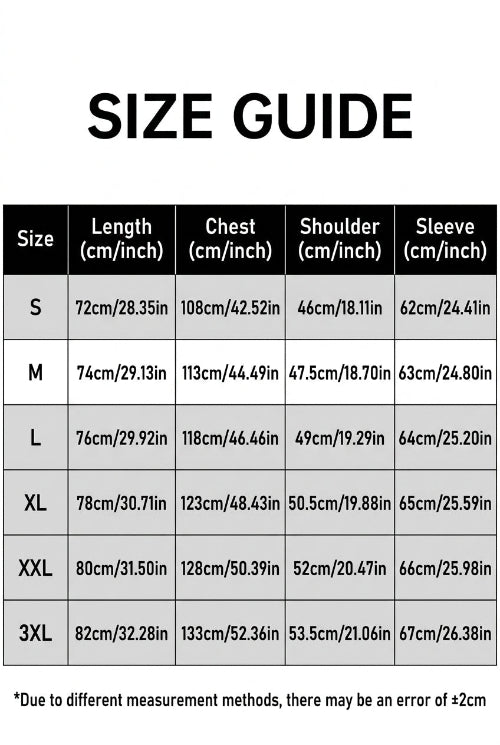 Size guide for men's linen blend shirt showing sizes S–3XL with length, chest, shoulder, and sleeve measurements in centimeters and inches