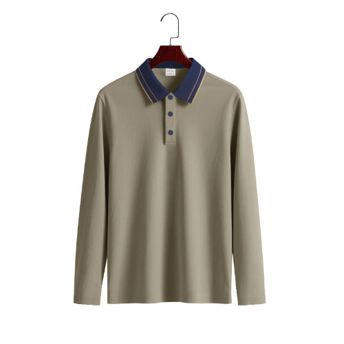 Men's taupe long sleeve polo shirt with a contrasting navy collar, fine collar stripes, and three-button placket on a wooden hanger