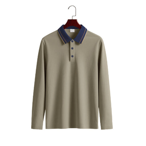 Men's taupe long sleeve polo shirt with a contrasting navy collar, fine collar stripes, and three-button placket on a wooden hanger