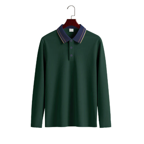 Men's dark green long sleeve polo shirt with a contrasting navy collar, fine collar stripes, and three-button placket on a wooden hanger