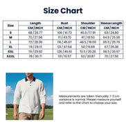 Size chart for men's long sleeve polo shirt showing sizes S–3XL with length, chest, shoulder, and sleeve measurements in centimeters and inches