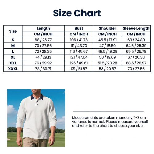 Size chart for men's long sleeve polo shirt showing sizes S–3XL with length, chest, shoulder, and sleeve measurements in centimeters and inches