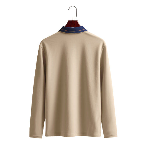 Back view of men's khaki long sleeve polo shirt with a contrasting navy collar and fine collar stripes on a wooden hanger