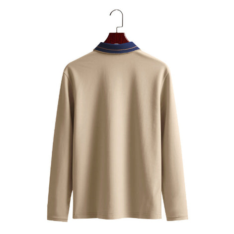 Back view of men's khaki long sleeve polo shirt with a contrasting navy collar and fine collar stripes on a wooden hanger