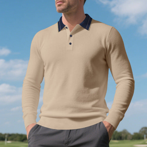 Men's khaki long sleeve polo shirt with a contrasting dark collar and three-button placket, modeled outdoors with gray trousers