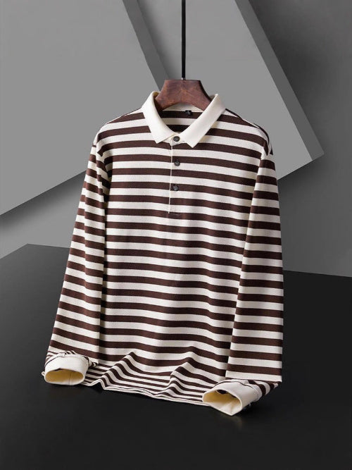 Men's dark red and white striped long sleeve polo shirt with a white collar and three-button placket on a wooden hanger