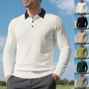 Men's white long sleeve polo shirt with a contrasting dark collar and three-button placket, modeled outdoors alongside five other color options