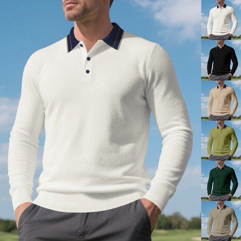 Men's white long sleeve polo shirt with a contrasting dark collar and three-button placket, modeled outdoors alongside five other color options