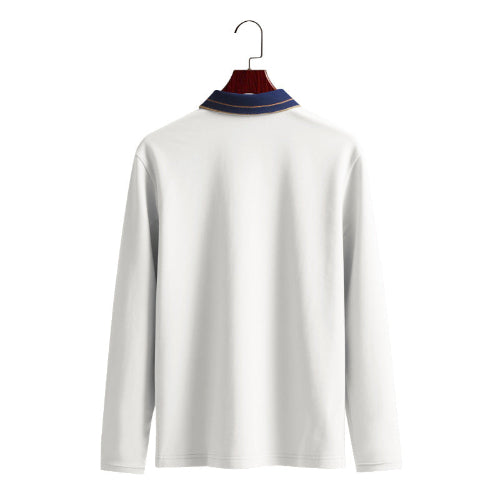 Back view of men's white long sleeve polo shirt with a contrasting navy collar and fine collar stripes on a wooden hanger