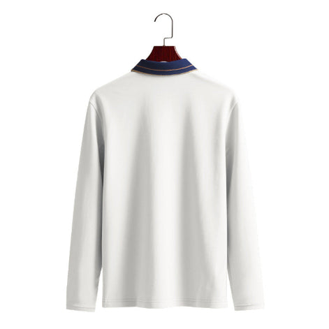 Back view of men's white long sleeve polo shirt with a contrasting navy collar and fine collar stripes on a wooden hanger