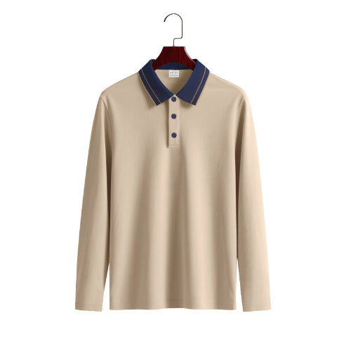 Men's khaki long sleeve polo shirt with a contrasting navy collar, fine collar stripes, and three-button placket on a wooden hanger