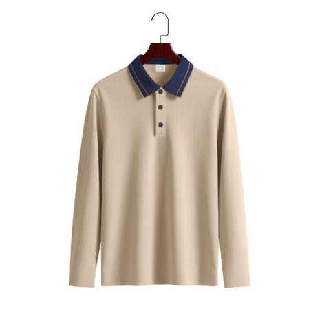Men's khaki long sleeve polo shirt with a contrasting navy collar, fine collar stripes, and three-button placket on a wooden hanger