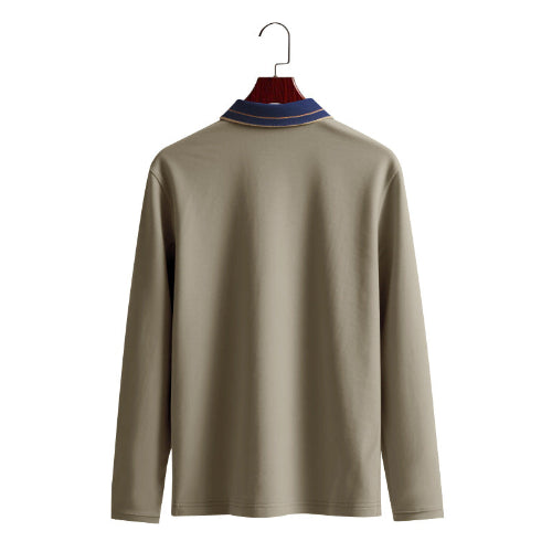 Back view of men's taupe long sleeve polo shirt with a contrasting navy collar and fine collar stripes on a wooden hanger