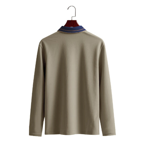 Back view of men's taupe long sleeve polo shirt with a contrasting navy collar and fine collar stripes on a wooden hanger