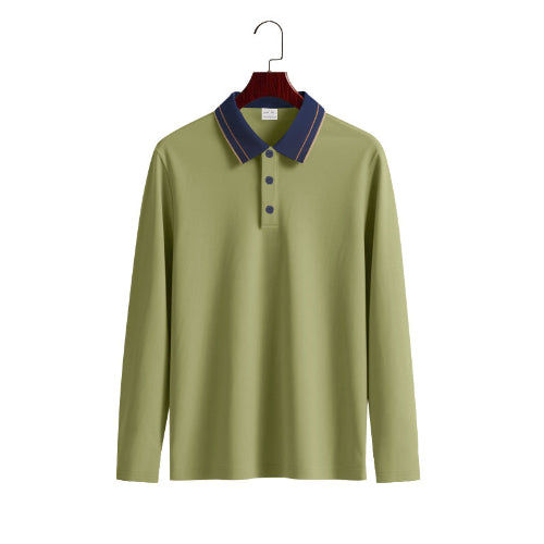 Men's army green long sleeve polo shirt with a contrasting navy collar, fine collar stripes, and three-button placket on a wooden hanger
