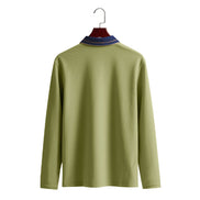 Back view of men's army green long sleeve polo shirt with a contrasting navy collar and fine collar stripes on a wooden hanger