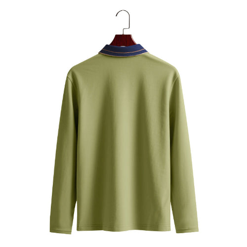 Back view of men's army green long sleeve polo shirt with a contrasting navy collar and fine collar stripes on a wooden hanger