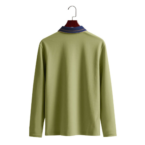 Back view of men's army green long sleeve polo shirt with a contrasting navy collar and fine collar stripes on a wooden hanger